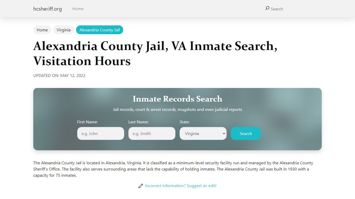 Alexandria County Jail, VA Inmate Search, Visitation Hours